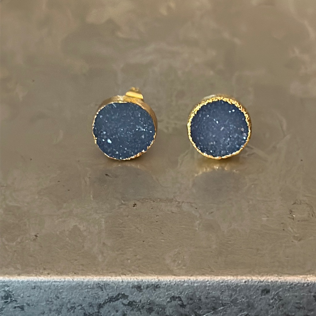 Pair Of Pierced Druzy Gold Plated Round Blueish Grey Earrings Posts